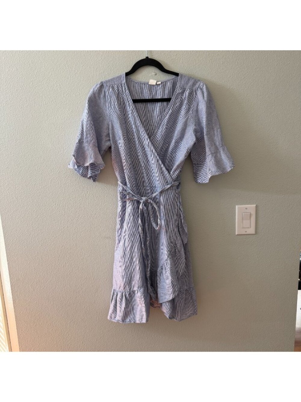 Gap Wrap Dress Ruffle Hem Blue Womens MEDIUM Linen Cotton Flutter Sleeve